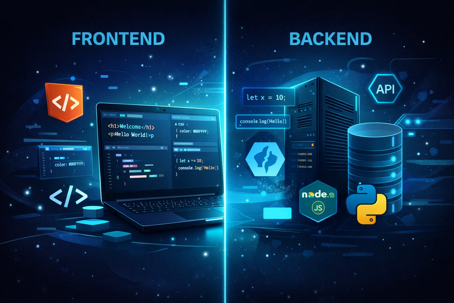 Frontend vs Backend Web Development – Beginner-friendly guide showing the difference between client-side and server-side development